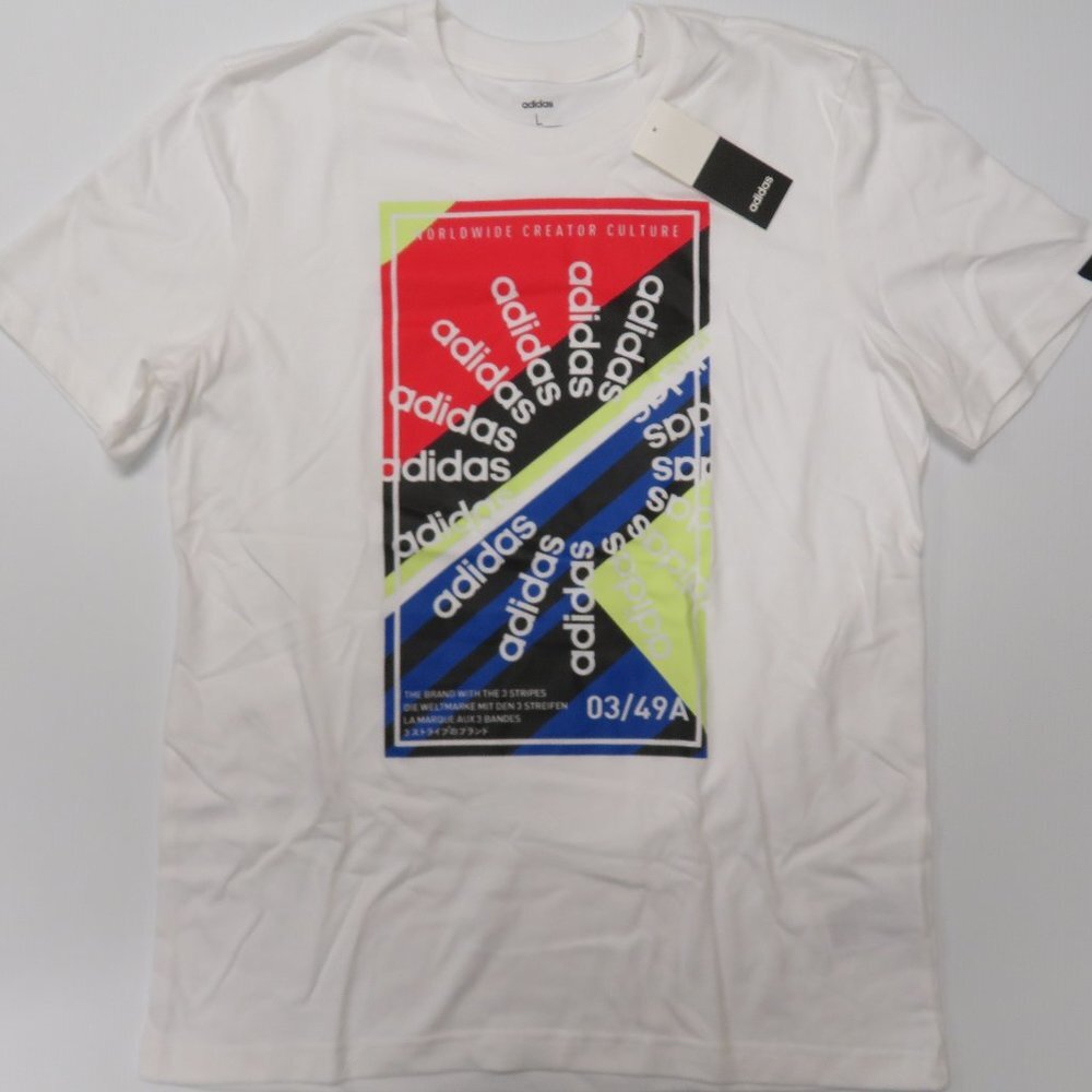 Adidas Slogan Graphic Tee T-Shirt White Climalite Mens Large NWT Cotton Poly - Picture 2 of 9